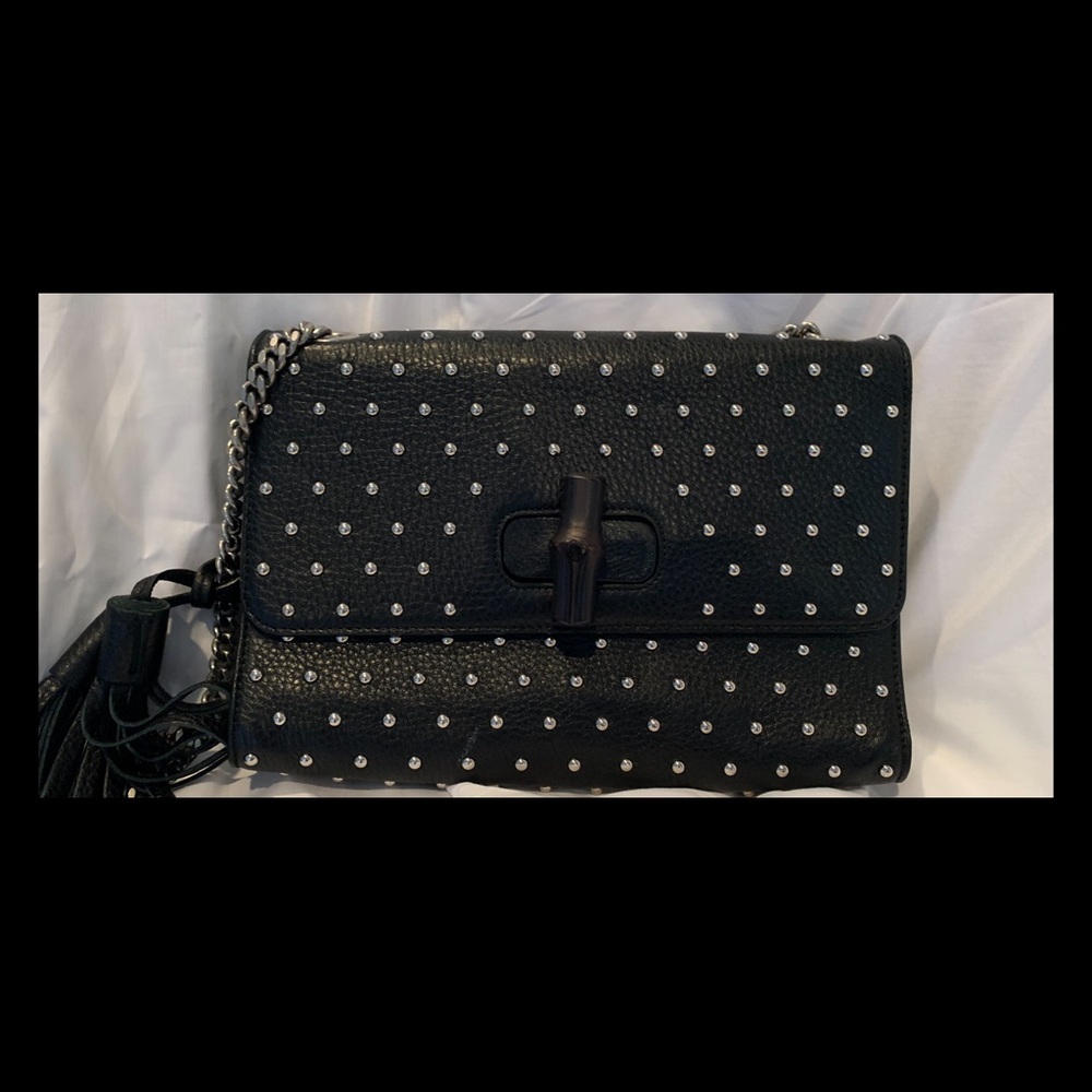 Gucci with Bamboo Studded Black Leather Shoulder Bag. 10”L x 3”W x 6.5”H